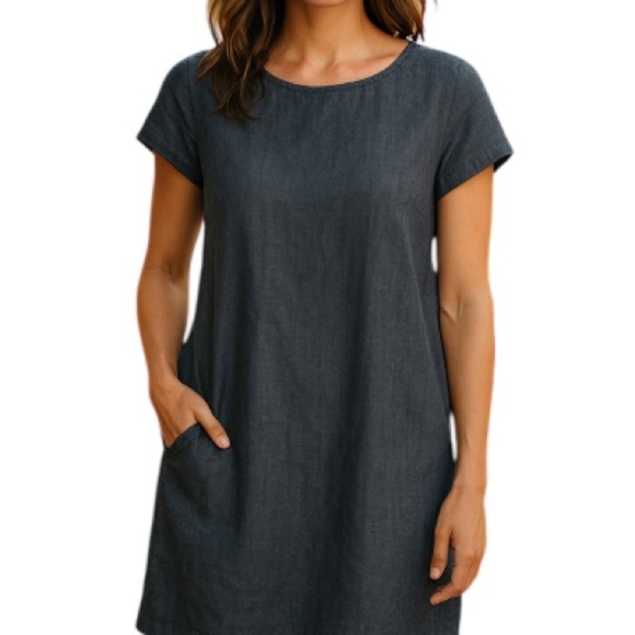 EILEEN FISHER Linen Chambray Dress Blue Grey Cap Sleeve Exposed Zipper S - Picture 1 of 12